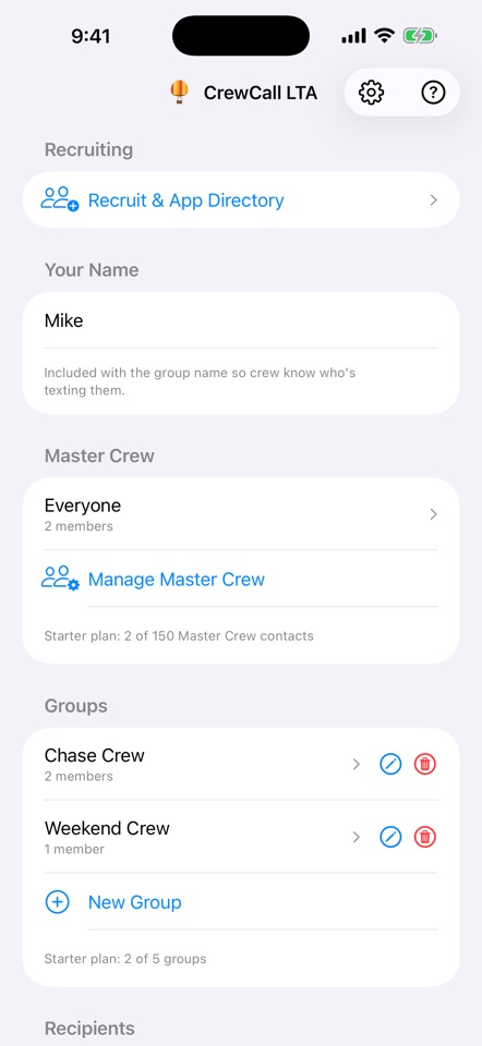 Balloon Crew Call saved crew groups